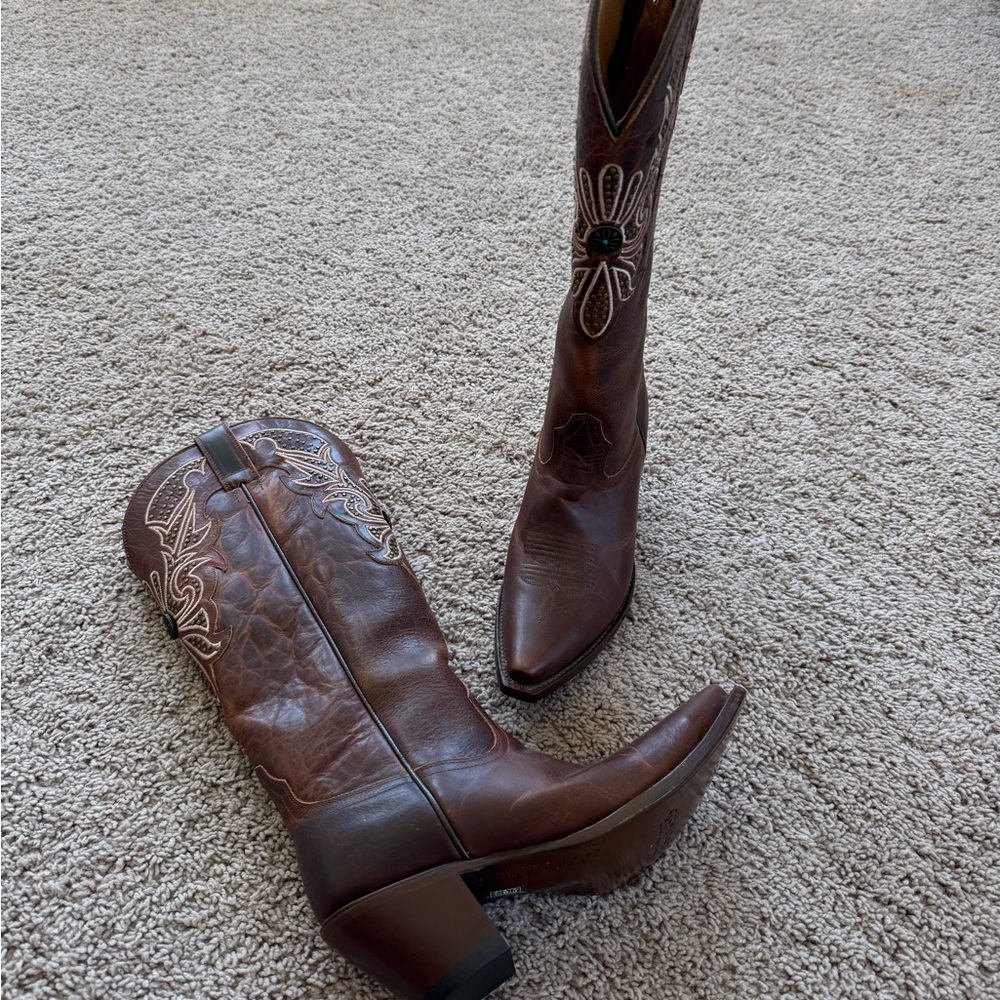 Tall Brown Leather Western Boots with Embroidery - Picture 1 of 2